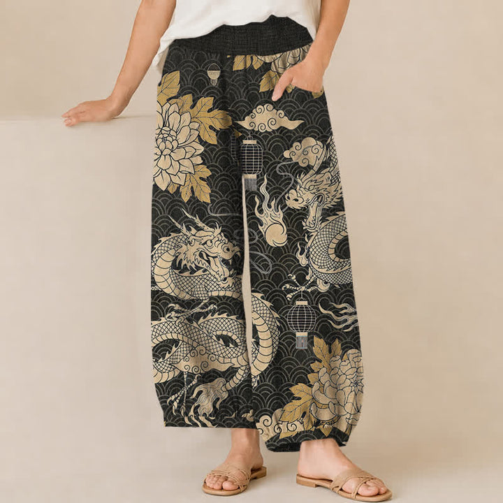 Buddha Stones Pantaloni harem da donna in cotone con motivo drago orientale, loto e nuvole, plissettati, con elastico in vita e tasche. - Nero - US16, UK/AU20, EU48 (3XL) - image 0