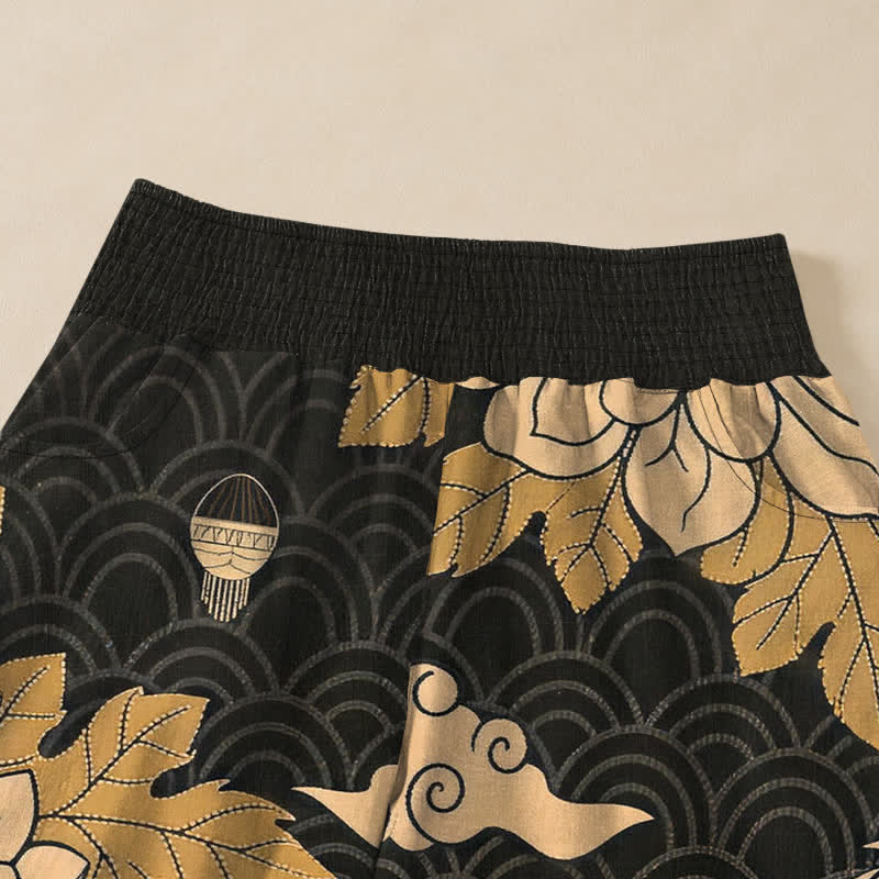 Buddha Stones Pantaloni harem da donna in cotone con motivo drago orientale, loto e nuvole, plissettati, con elastico in vita e tasche. - image 4