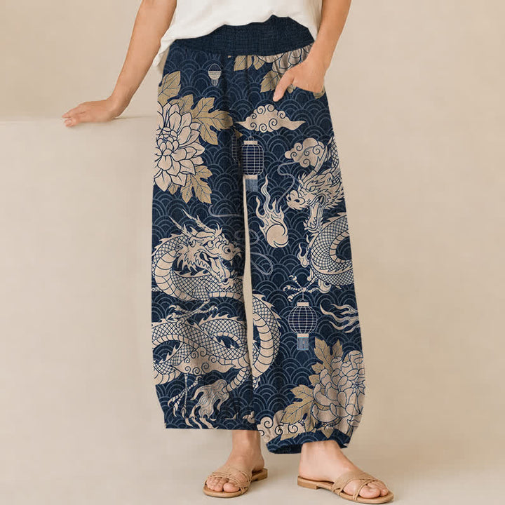 Buddha Stones Pantaloni harem da donna in cotone con motivo drago orientale, loto e nuvole, plissettati, con elastico in vita e tasche. - Marina - US16, UK/AU20, EU48 (3XL) - image 6