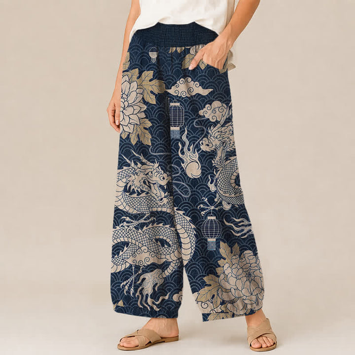 Buddha Stones Pantaloni harem da donna in cotone con motivo drago orientale, loto e nuvole, plissettati, con elastico in vita e tasche. - image 7