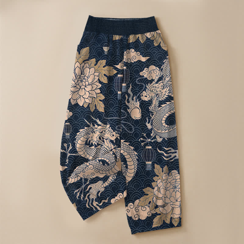 Buddha Stones Pantaloni harem da donna in cotone con motivo drago orientale, loto e nuvole, plissettati, con elastico in vita e tasche. - image 9