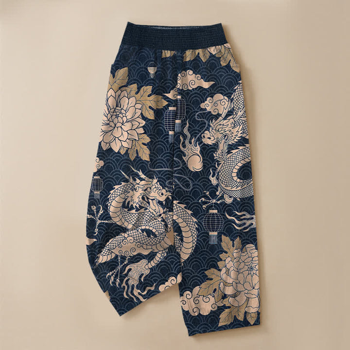 Buddha Stones Pantaloni harem da donna in cotone con motivo drago orientale, loto e nuvole, plissettati, con elastico in vita e tasche. - image 9