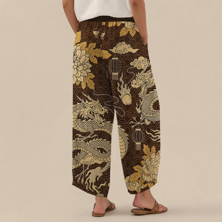 Buddha Stones Pantaloni harem da donna in cotone con motivo drago orientale, loto e nuvole, plissettati, con elastico in vita e tasche. - image 12