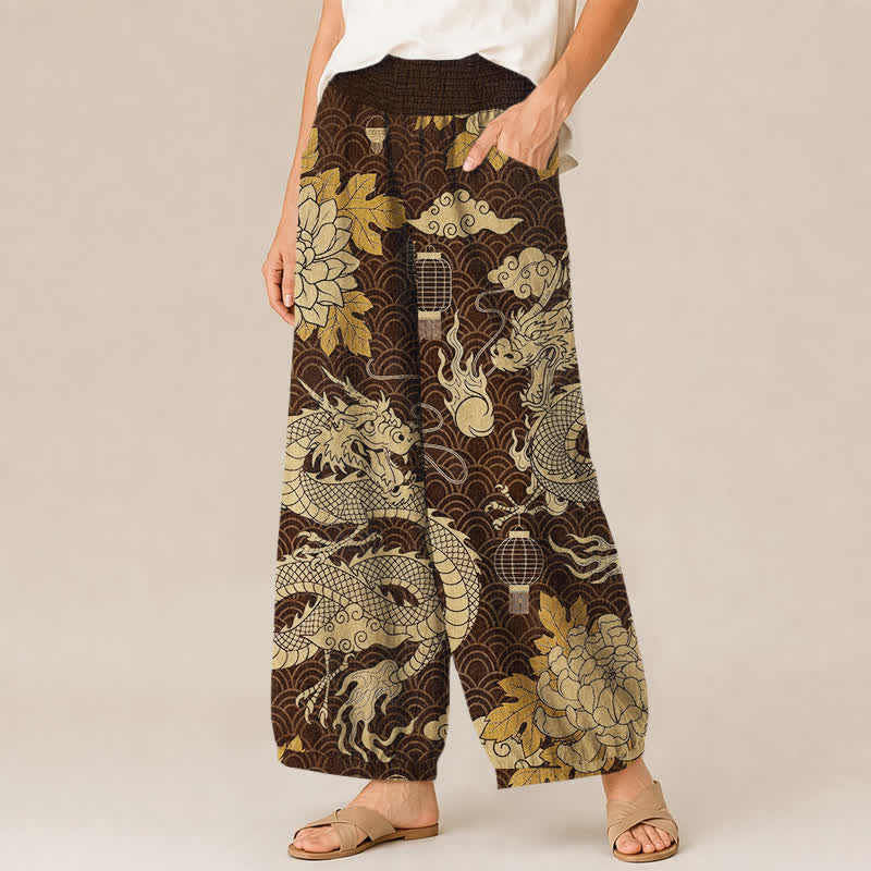 Buddha Stones Pantaloni harem da donna in cotone con motivo drago orientale, loto e nuvole, plissettati, con elastico in vita e tasche. - image 11