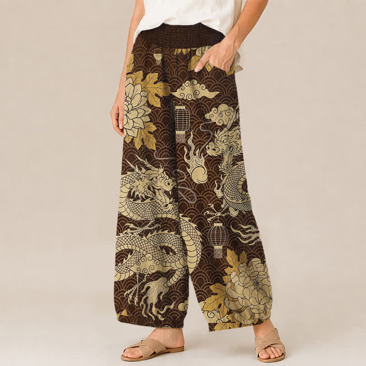 Buddha Stones Pantaloni harem da donna in cotone con motivo drago orientale, loto e nuvole, plissettati, con elastico in vita e tasche. - image 11