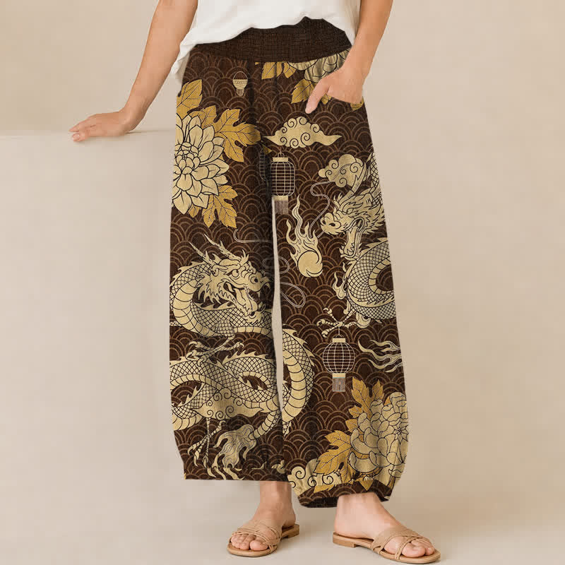 Buddha Stones Pantaloni harem da donna in cotone con motivo drago orientale, loto e nuvole, plissettati, con elastico in vita e tasche. - Marrone sella - US16, UK/AU20, EU48 (3XL) - image 10