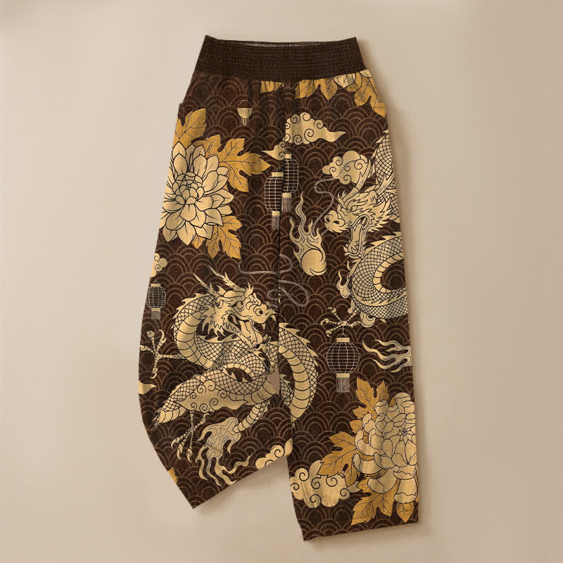 Buddha Stones Pantaloni harem da donna in cotone con motivo drago orientale, loto e nuvole, plissettati, con elastico in vita e tasche. - image 13