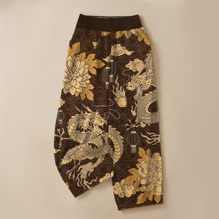 Buddha Stones Pantaloni harem da donna in cotone con motivo drago orientale, loto e nuvole, plissettati, con elastico in vita e tasche. - image 13