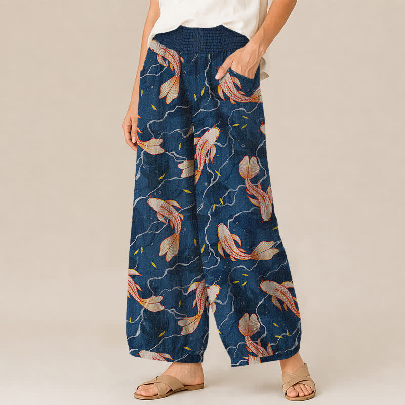 Buddha Stones Pantaloni harem da donna in cotone con motivo a onde e pesci koi, plissettati e vita elasticizzata, con tasche. - image 1
