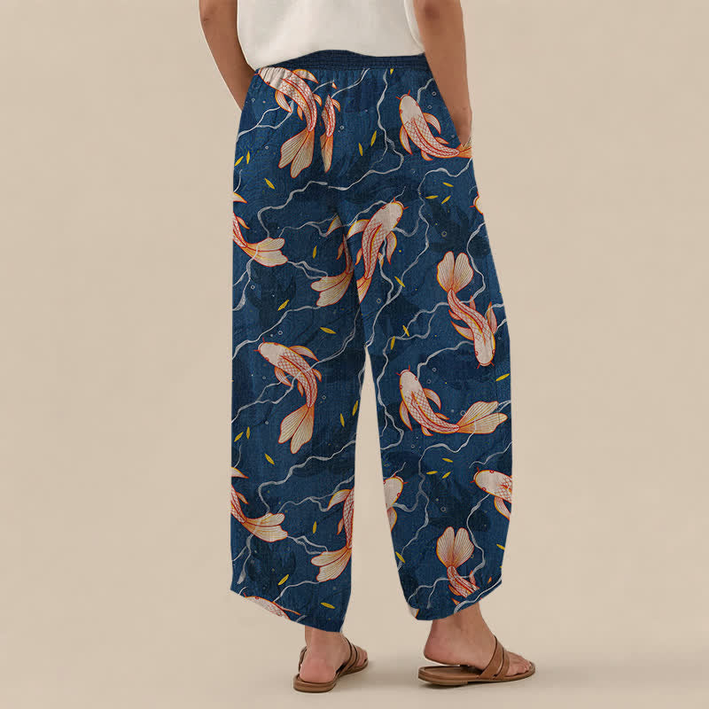 Buddha Stones Pantaloni harem da donna in cotone con motivo a onde e pesci koi, plissettati e vita elasticizzata, con tasche. - image 2