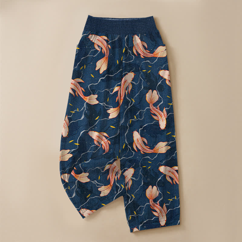 Buddha Stones Pantaloni harem da donna in cotone con motivo a onde e pesci koi, plissettati e vita elasticizzata, con tasche. - image 3