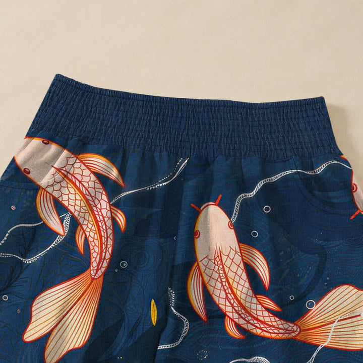 Buddha Stones Pantaloni harem da donna in cotone con motivo a onde e pesci koi, plissettati e vita elasticizzata, con tasche. - image 4