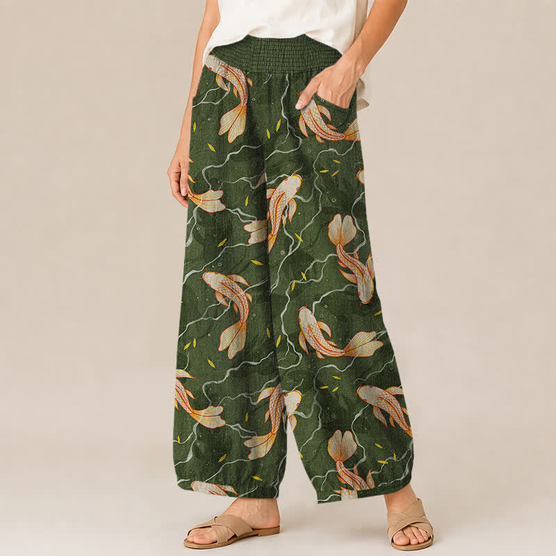 Buddha Stones Pantaloni harem da donna in cotone con motivo a onde e pesci koi, plissettati e vita elasticizzata, con tasche. - image 7