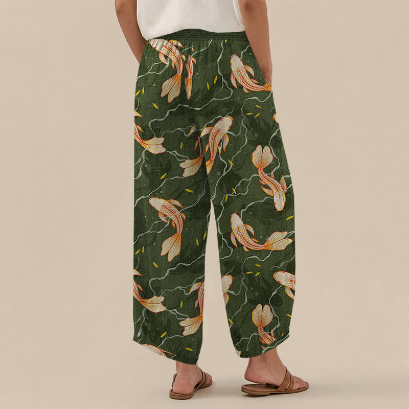 Buddha Stones Pantaloni harem da donna in cotone con motivo a onde e pesci koi, plissettati e vita elasticizzata, con tasche. - image 8