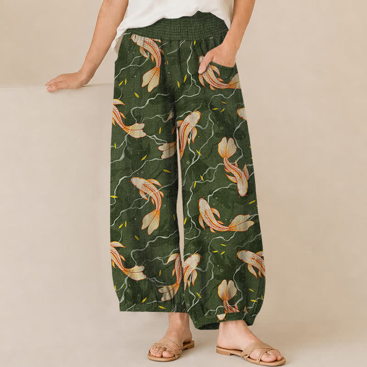 Buddha Stones Pantaloni harem da donna in cotone con motivo a onde e pesci koi, plissettati e vita elasticizzata, con tasche. - Verde studentesco - US16, UK/AU20, EU48 (3XL) - image 6