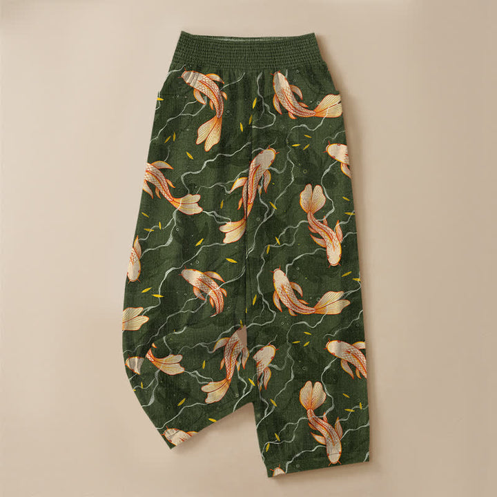 Buddha Stones Pantaloni harem da donna in cotone con motivo a onde e pesci koi, plissettati e vita elasticizzata, con tasche. - image 9