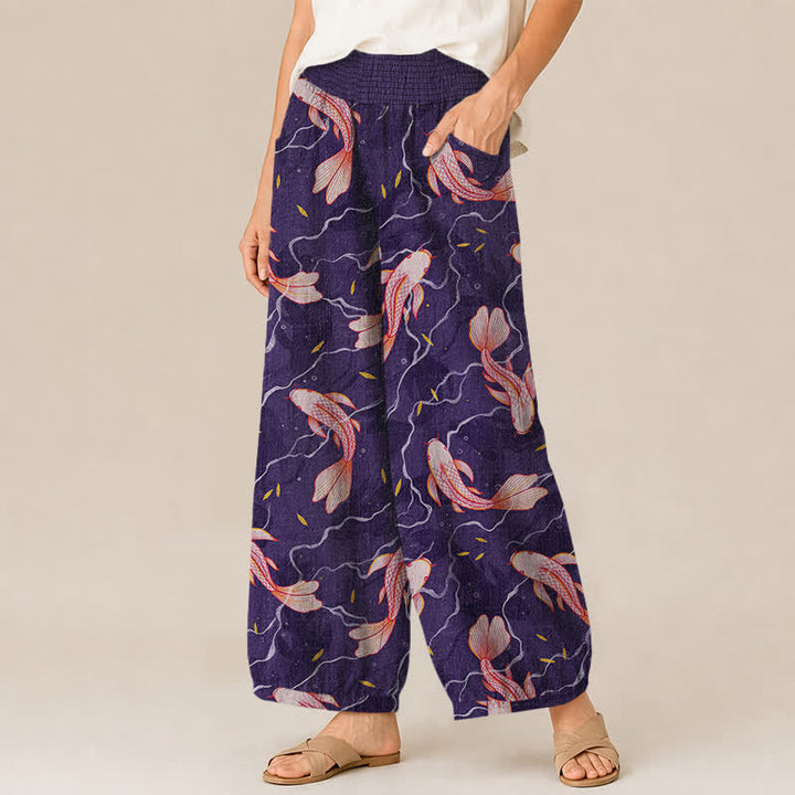 Buddha Stones Pantaloni harem da donna in cotone con motivo a onde e pesci koi, plissettati e vita elasticizzata, con tasche. - image 11