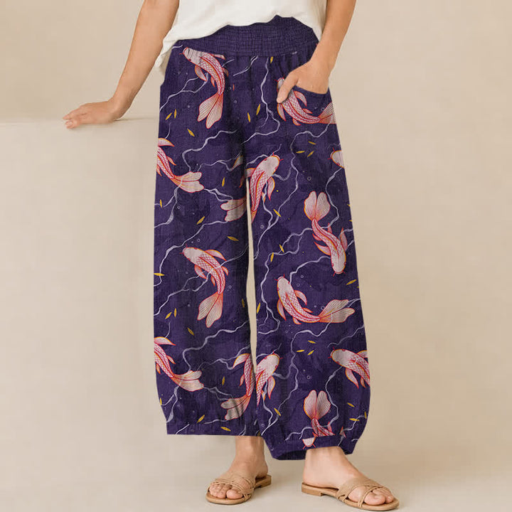 Buddha Stones Pantaloni harem da donna in cotone con motivo a onde e pesci koi, plissettati e vita elasticizzata, con tasche. - Indaco - US16, UK/AU20, EU48 (3XL) - image 10