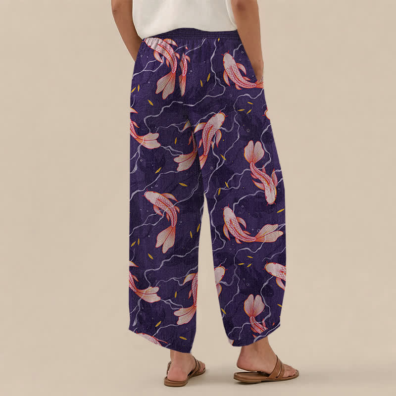 Buddha Stones Pantaloni harem da donna in cotone con motivo a onde e pesci koi, plissettati e vita elasticizzata, con tasche. - image 12
