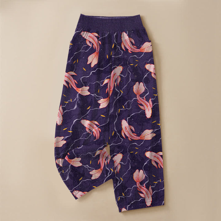 Buddha Stones Pantaloni harem da donna in cotone con motivo a onde e pesci koi, plissettati e vita elasticizzata, con tasche. - image 13
