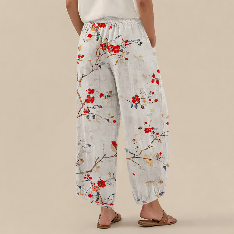 Buddha Stones Pantaloni harem da donna con pieghe e vita elasticizzata, fantasia a rami di cotone con uccelli in fiore e tasche. - image 2