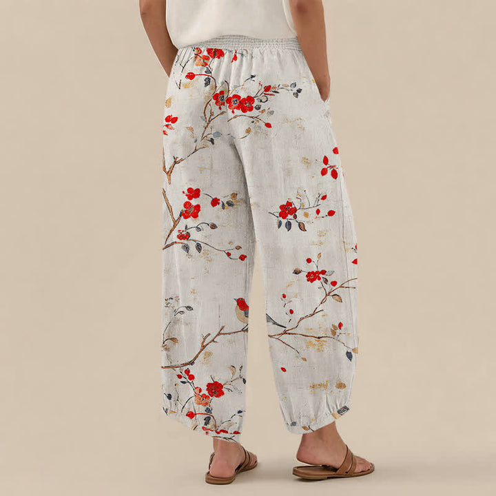 Buddha Stones Pantaloni harem da donna con pieghe e vita elasticizzata, fantasia a rami di cotone con uccelli in fiore e tasche. - image 2