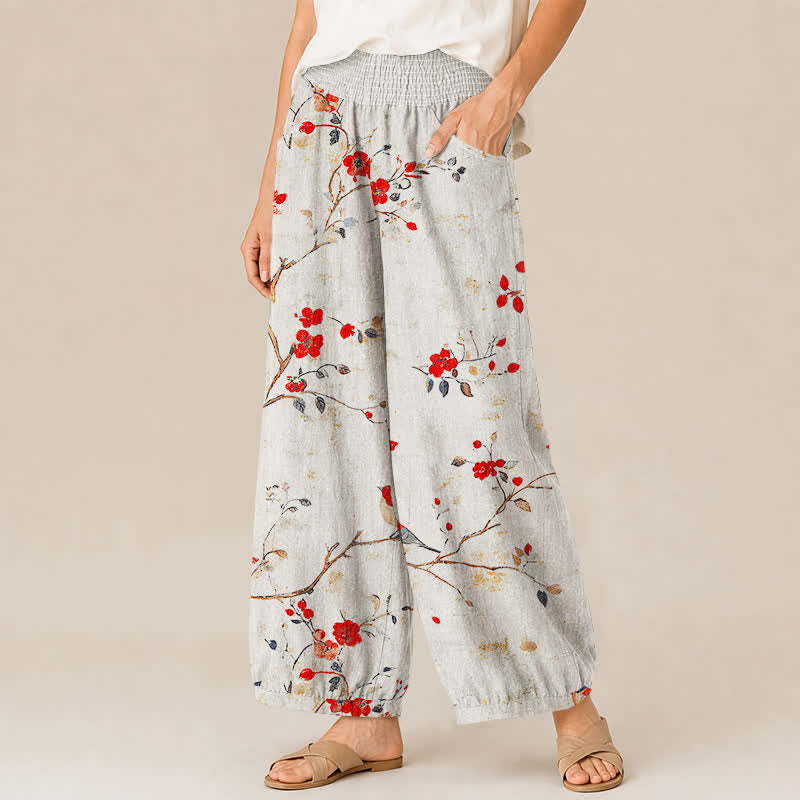 Buddha Stones Pantaloni harem da donna con pieghe e vita elasticizzata, fantasia a rami di cotone con uccelli in fiore e tasche. - image 1