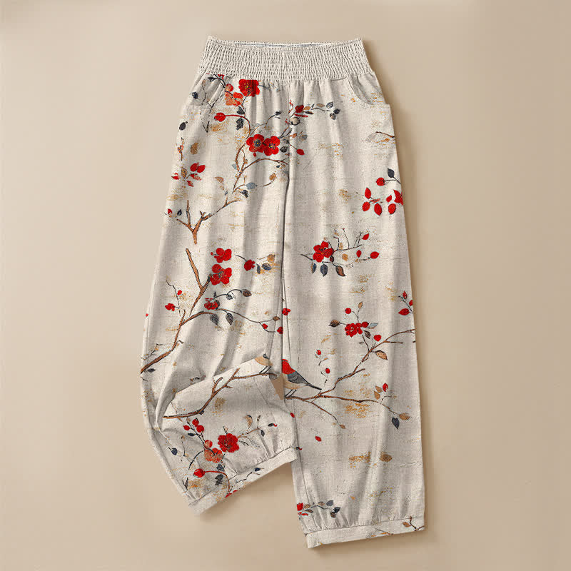 Buddha Stones Pantaloni harem da donna con pieghe e vita elasticizzata, fantasia a rami di cotone con uccelli in fiore e tasche. - image 3