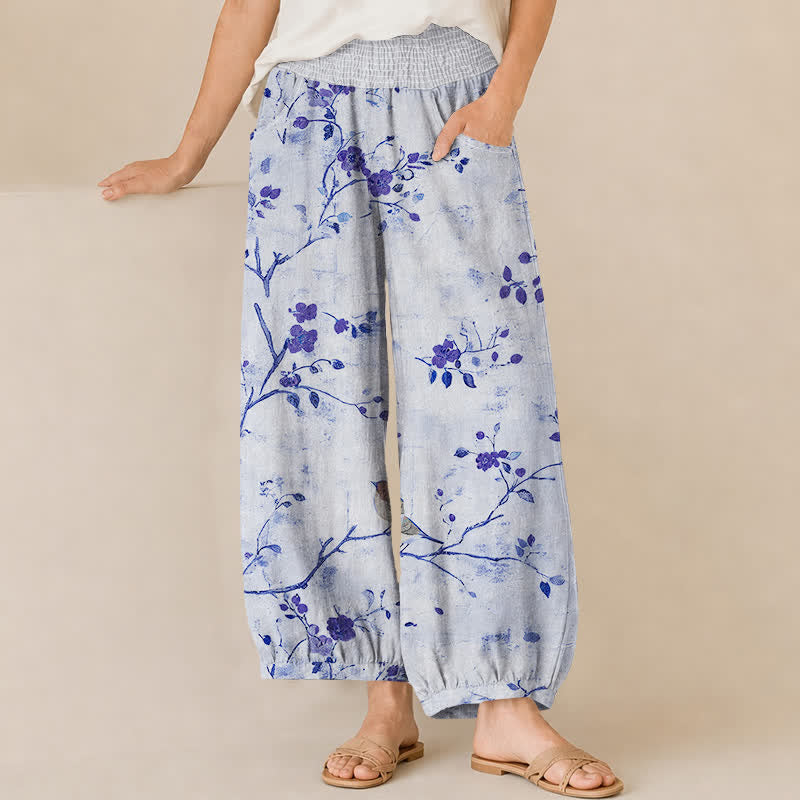 Buddha Stones Pantaloni harem da donna con pieghe e vita elasticizzata, fantasia a rami di cotone con uccelli in fiore e tasche. - Azzurro chiaro - US16, UK/AU20, EU48 (3XL) - image 6