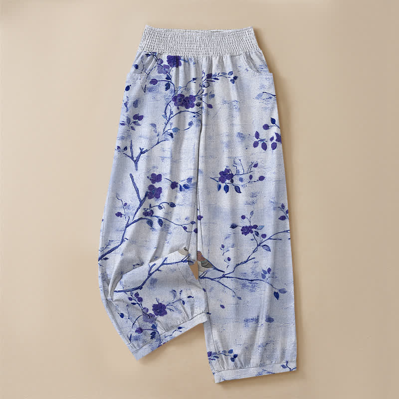 Buddha Stones Pantaloni harem da donna con pieghe e vita elasticizzata, fantasia a rami di cotone con uccelli in fiore e tasche. - image 9