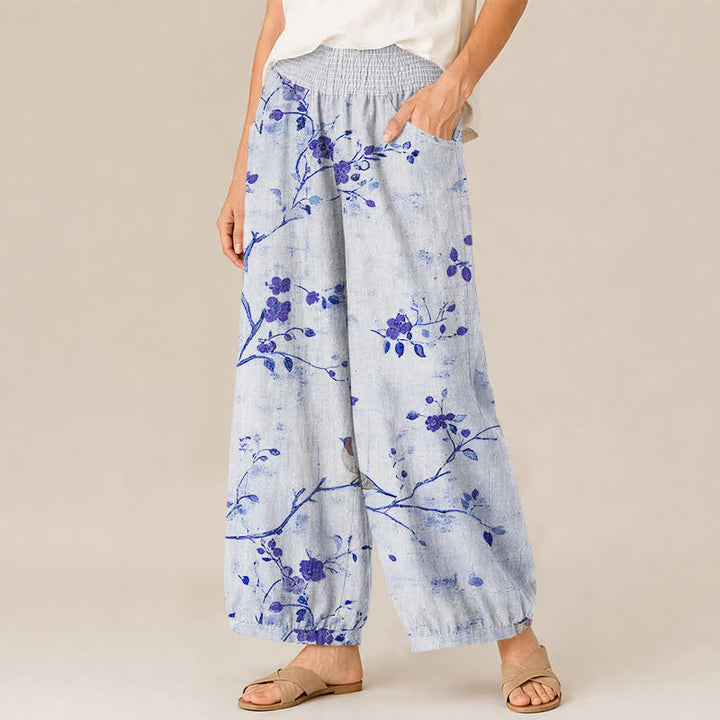 Buddha Stones Pantaloni harem da donna con pieghe e vita elasticizzata, fantasia a rami di cotone con uccelli in fiore e tasche. - image 7
