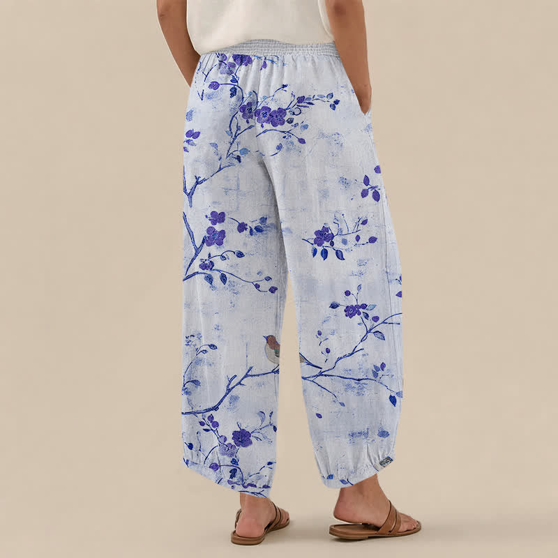 Buddha Stones Pantaloni harem da donna con pieghe e vita elasticizzata, fantasia a rami di cotone con uccelli in fiore e tasche. - image 8