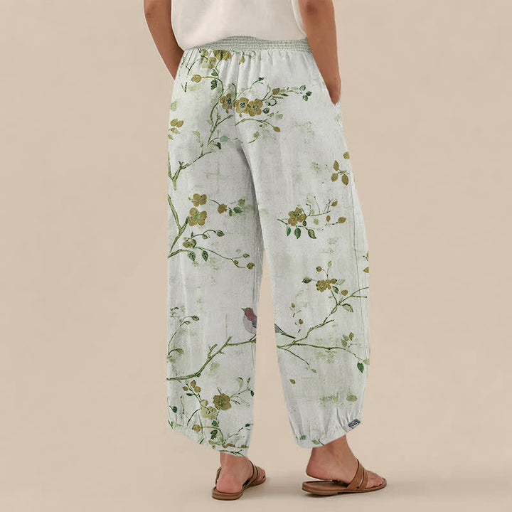 Buddha Stones Pantaloni harem da donna con pieghe e vita elasticizzata, fantasia a rami di cotone con uccelli in fiore e tasche. - image 12