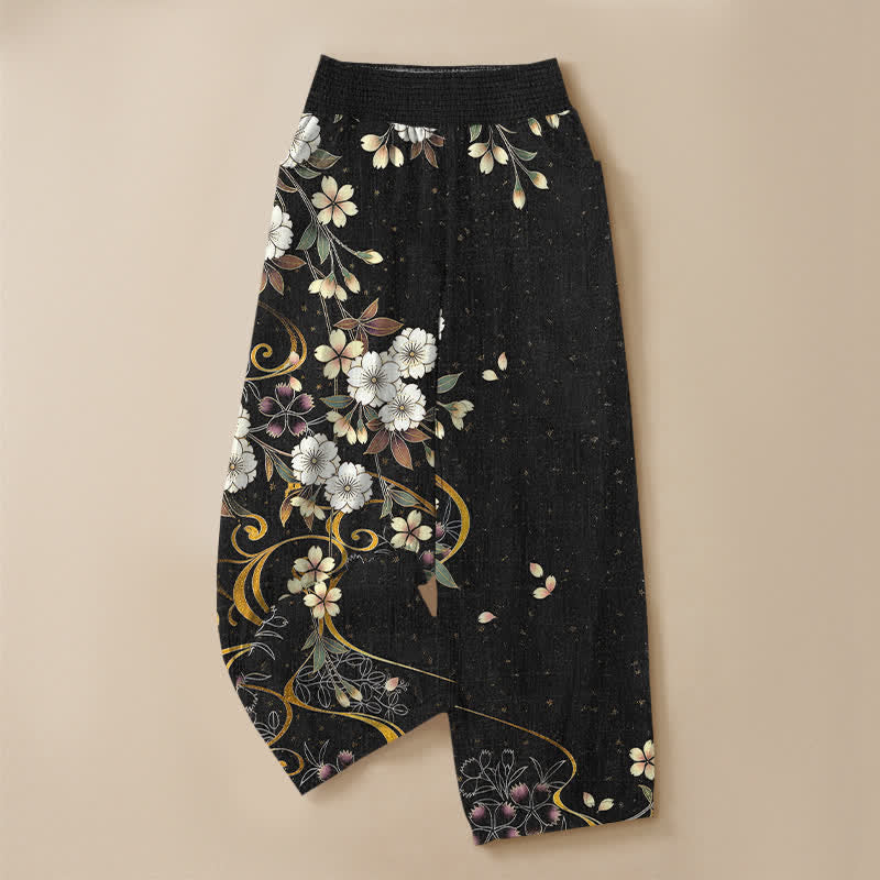 Buddha Stones Pantaloni harem da donna in cotone, asimmetrici, con motivo floreale a pieghe e vita elasticizzata, con tasche. - image 3