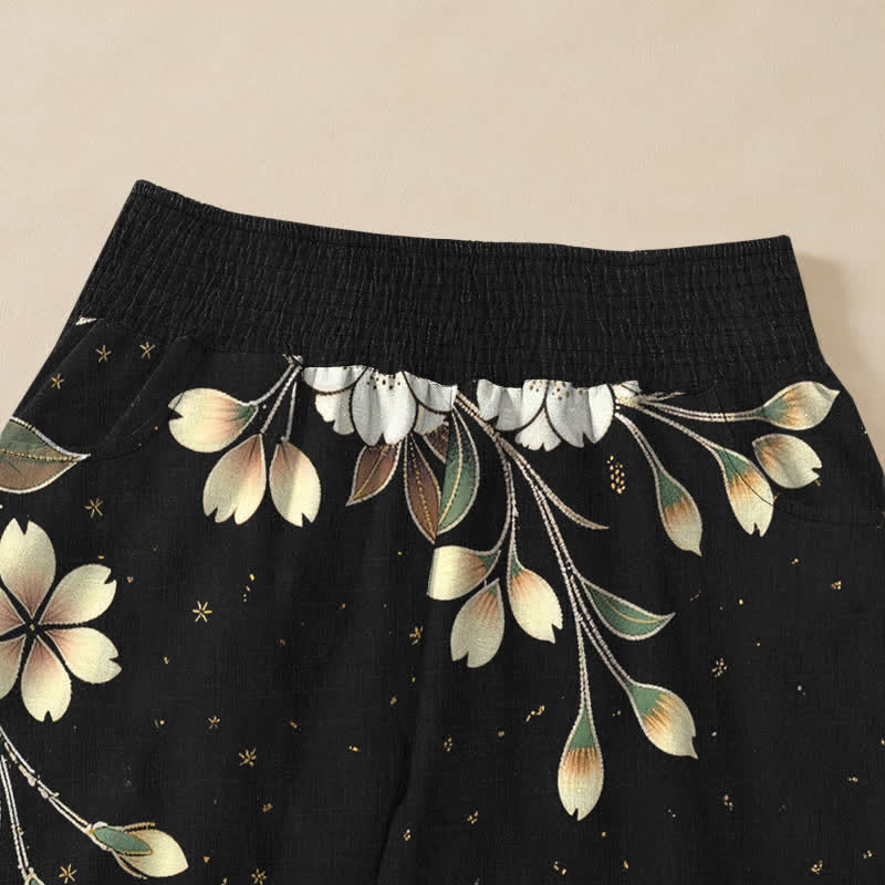 Buddha Stones Pantaloni harem da donna in cotone, asimmetrici, con motivo floreale a pieghe e vita elasticizzata, con tasche. - image 4