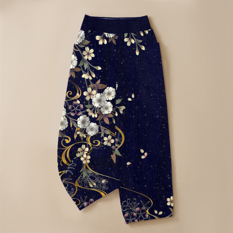 Buddha Stones Pantaloni harem da donna in cotone, asimmetrici, con motivo floreale a pieghe e vita elasticizzata, con tasche. - image 9