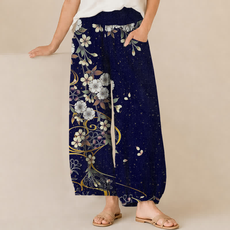 Buddha Stones Pantaloni harem da donna in cotone, asimmetrici, con motivo floreale a pieghe e vita elasticizzata, con tasche. - Marina - US16, UK/AU20, EU48 (3XL) - image 6