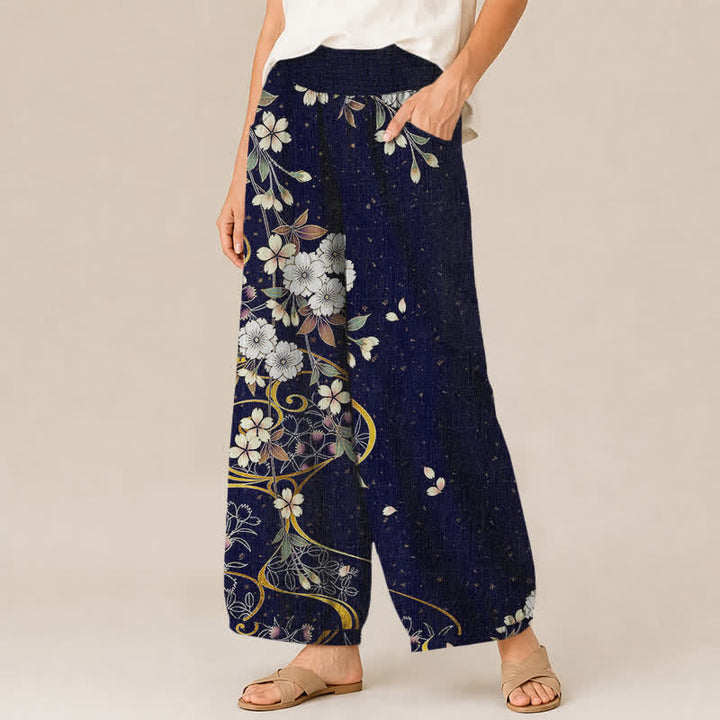 Buddha Stones Pantaloni harem da donna in cotone, asimmetrici, con motivo floreale a pieghe e vita elasticizzata, con tasche. - image 7