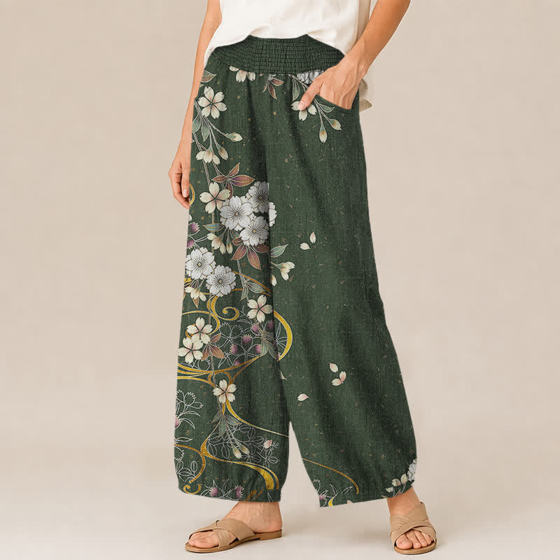 Buddha Stones Pantaloni harem da donna in cotone, asimmetrici, con motivo floreale a pieghe e vita elasticizzata, con tasche. - image 11