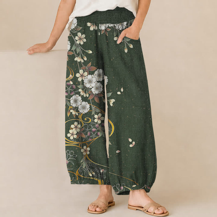 Buddha Stones Pantaloni harem da donna in cotone, asimmetrici, con motivo floreale a pieghe e vita elasticizzata, con tasche. - Verde studentesco - US16, UK/AU20, EU48 (3XL) - image 10