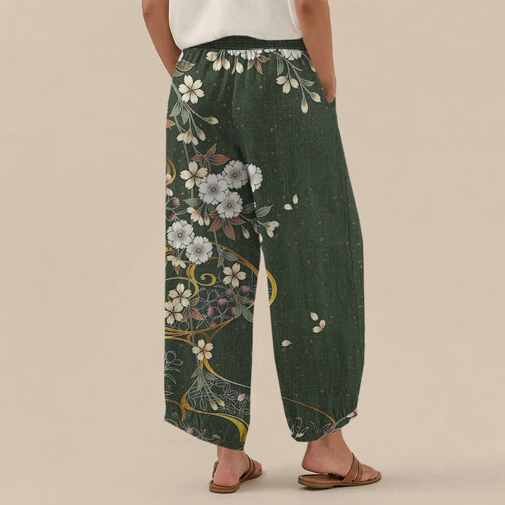 Buddha Stones Pantaloni harem da donna in cotone, asimmetrici, con motivo floreale a pieghe e vita elasticizzata, con tasche. - image 12