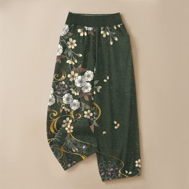 Buddha Stones Pantaloni harem da donna in cotone, asimmetrici, con motivo floreale a pieghe e vita elasticizzata, con tasche. - image 13