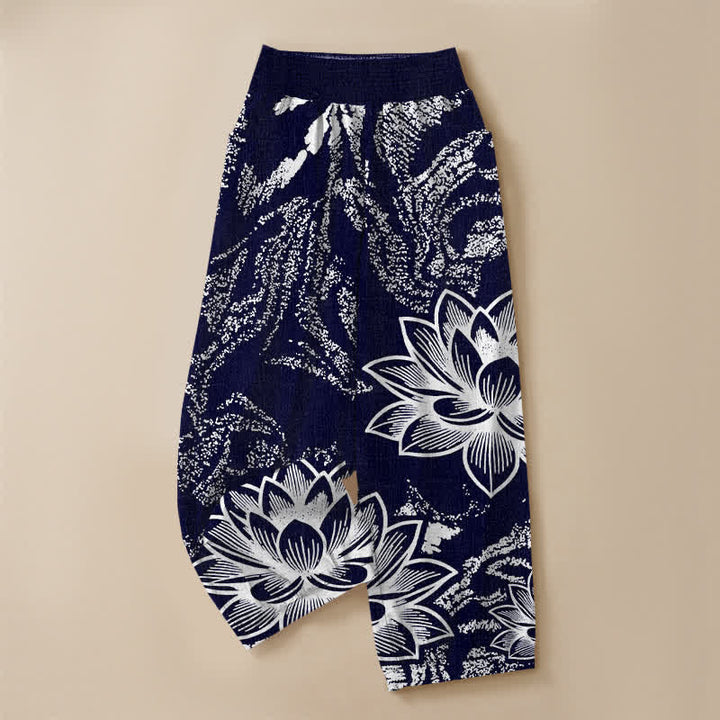 Buddha Stones Pantaloni harem da donna in cotone bianco con motivo floreale di loto, plissettati e vita elasticizzata, con tasche. - image 3