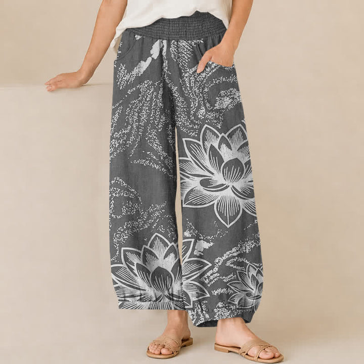 Buddha Stones Pantaloni harem da donna in cotone bianco con motivo floreale di loto, plissettati e vita elasticizzata, con tasche. - Grigio - US16, UK/AU20, EU48 (3XL) - image 6