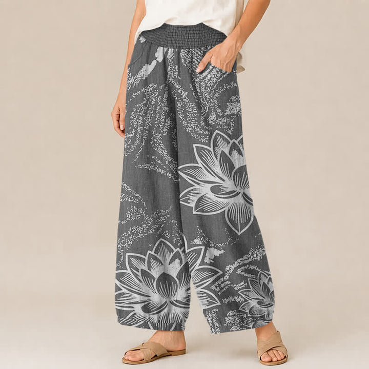 Buddha Stones Pantaloni harem da donna in cotone bianco con motivo floreale di loto, plissettati e vita elasticizzata, con tasche. - image 7