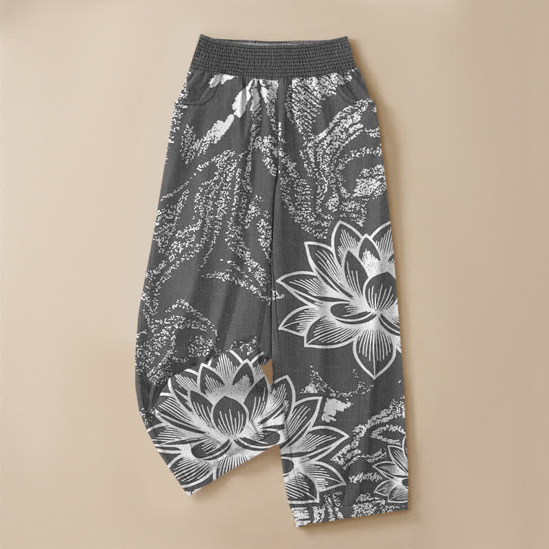Buddha Stones Pantaloni harem da donna in cotone bianco con motivo floreale di loto, plissettati e vita elasticizzata, con tasche. - image 9