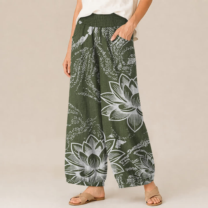 Buddha Stones Pantaloni harem da donna in cotone bianco con motivo floreale di loto, plissettati e vita elasticizzata, con tasche. - image 11