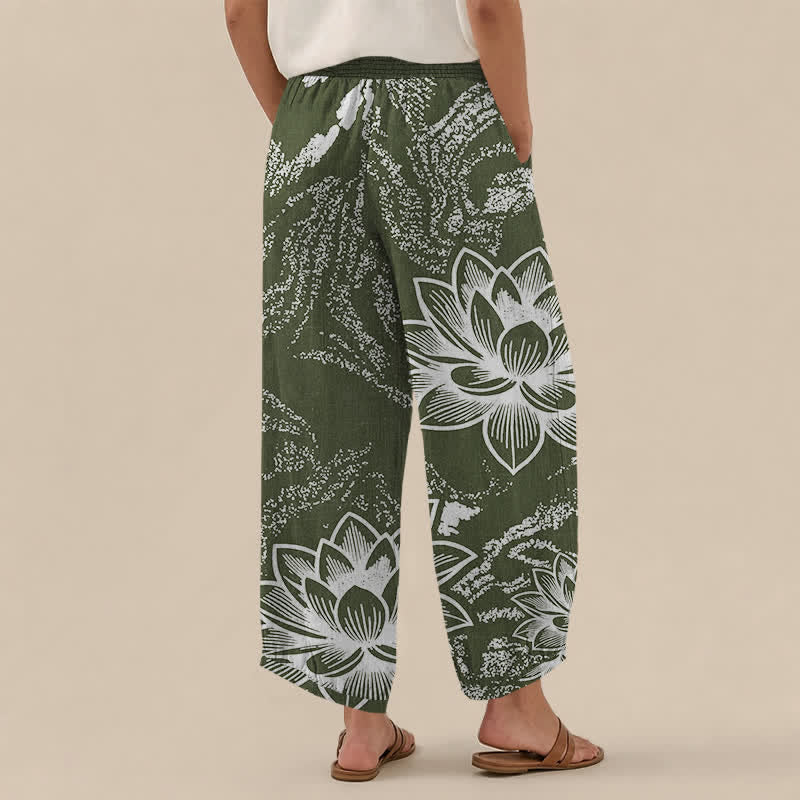 Buddha Stones Pantaloni harem da donna in cotone bianco con motivo floreale di loto, plissettati e vita elasticizzata, con tasche. - image 12