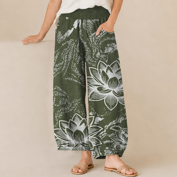 Buddha Stones Pantaloni harem da donna in cotone bianco con motivo floreale di loto, plissettati e vita elasticizzata, con tasche. - Verde oliva scuro - US16, UK/AU20, EU48 (3XL) - image 10