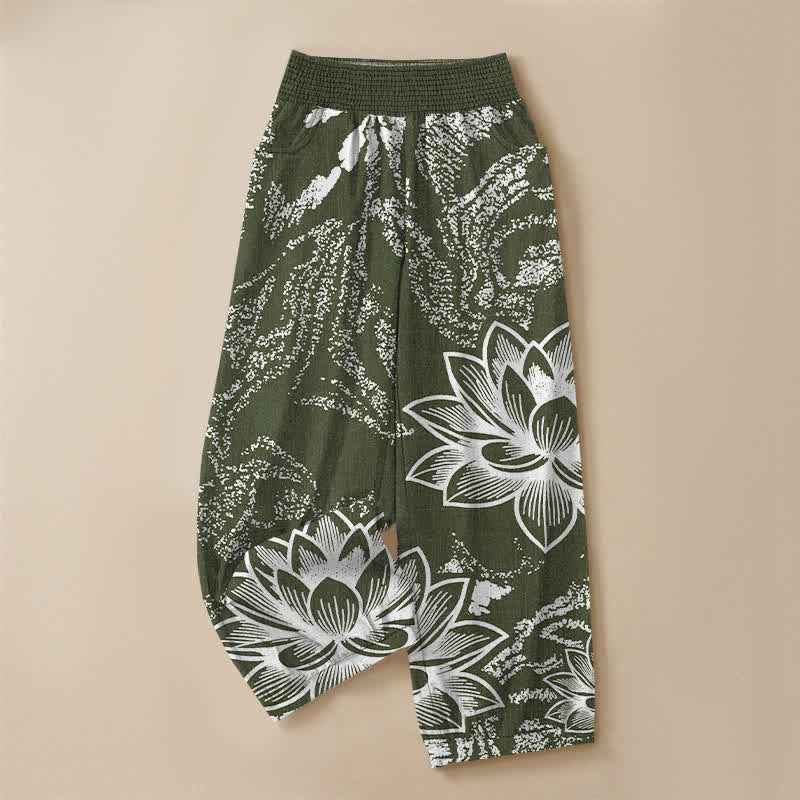 Buddha Stones Pantaloni harem da donna in cotone bianco con motivo floreale di loto, plissettati e vita elasticizzata, con tasche. - image 13
